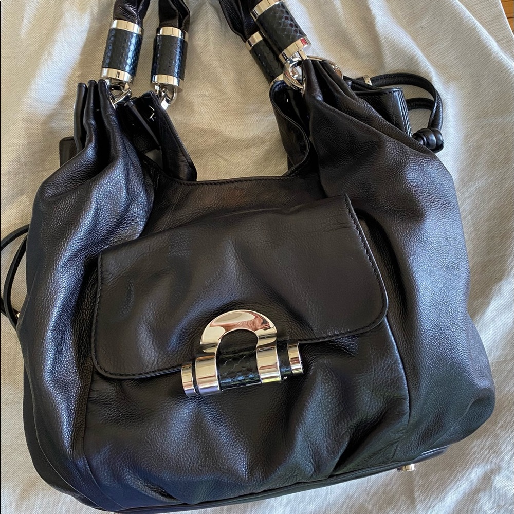 Michael Kors Black Tonne Leather Hobo Purse With Python Trim